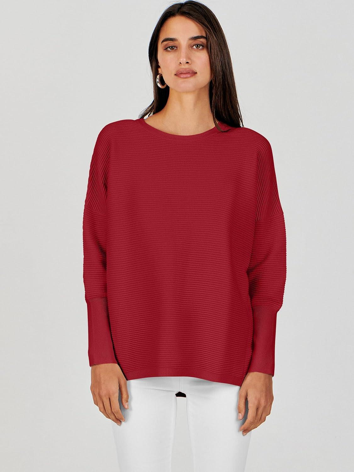 imageANRABESS Womens Oversized Batwing Long Sleeve Ribbed Knit Sweaters 2025 Fall OutfitsRed