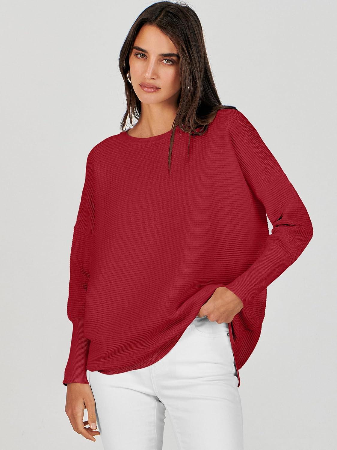 imageANRABESS Womens Oversized Batwing Long Sleeve Ribbed Knit Sweaters 2025 Fall OutfitsRed