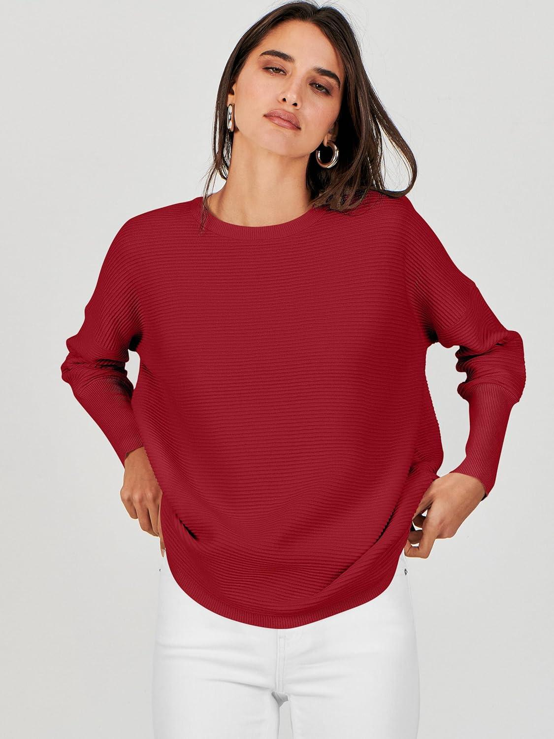 imageANRABESS Womens Oversized Batwing Long Sleeve Ribbed Knit Sweaters 2025 Fall OutfitsRed