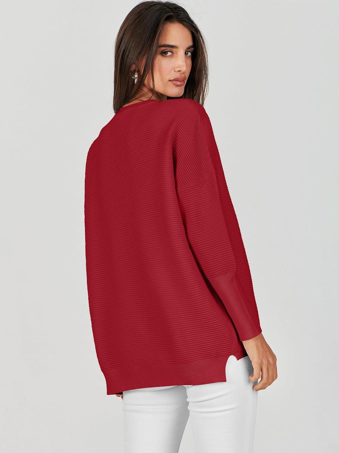 imageANRABESS Womens Oversized Batwing Long Sleeve Ribbed Knit Sweaters 2025 Fall OutfitsRed