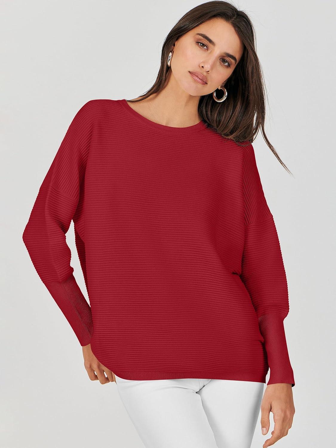 imageANRABESS Womens Oversized Batwing Long Sleeve Ribbed Knit Sweaters 2025 Fall OutfitsRed