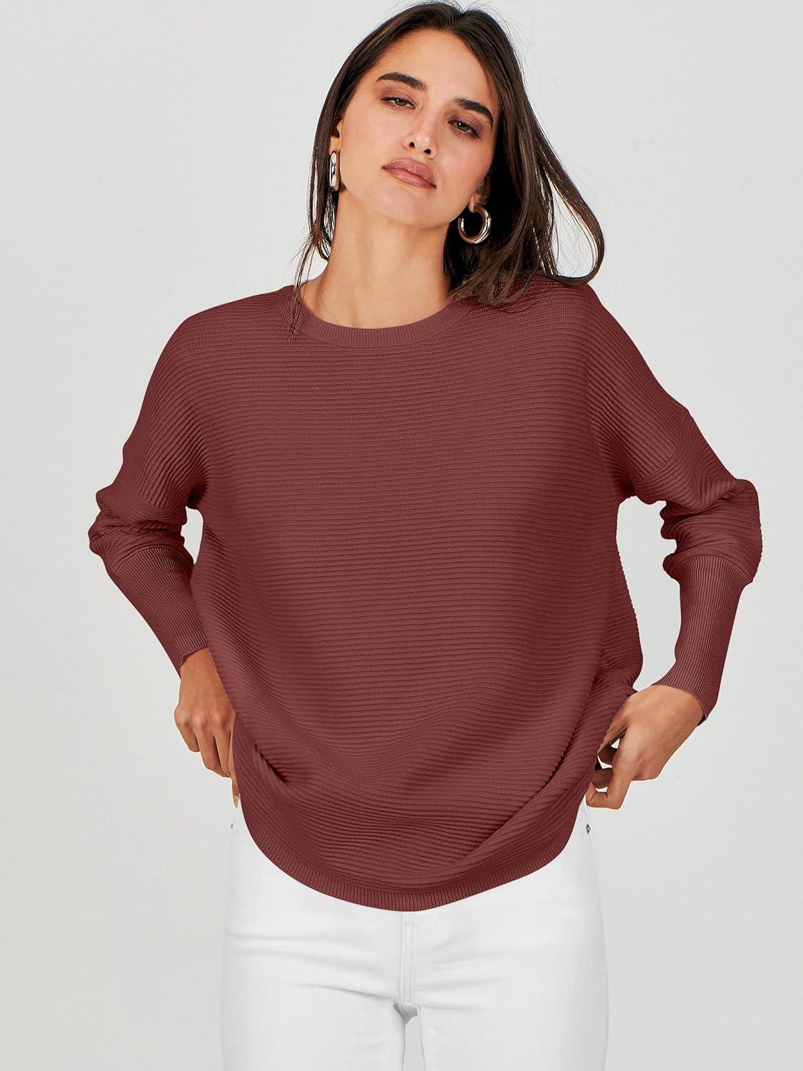 imageANRABESS Womens Oversized Batwing Long Sleeve Ribbed Knit Sweaters 2025 Fall OutfitsRust