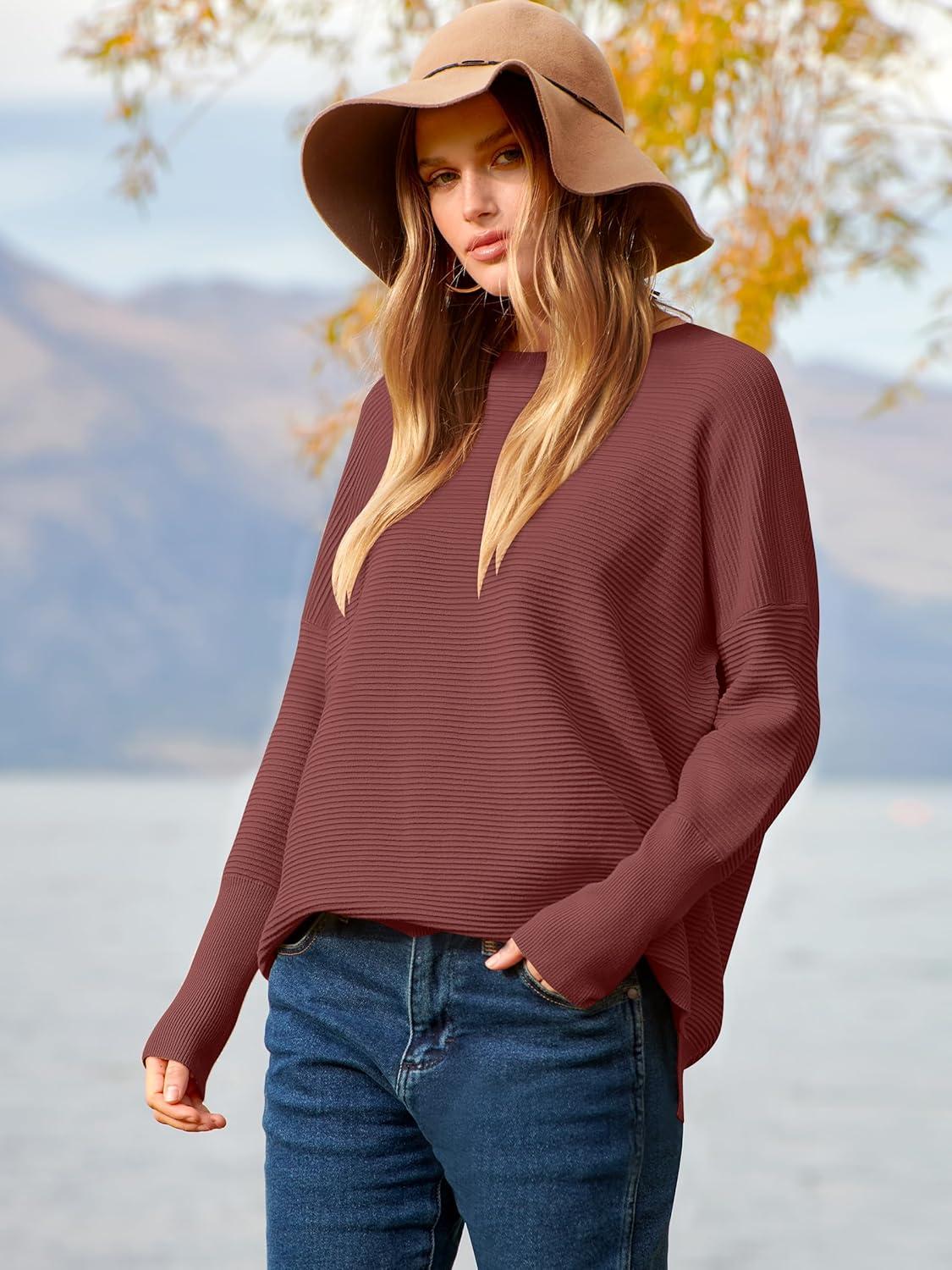 imageANRABESS Womens Oversized Batwing Long Sleeve Ribbed Knit Sweaters 2025 Fall OutfitsRust