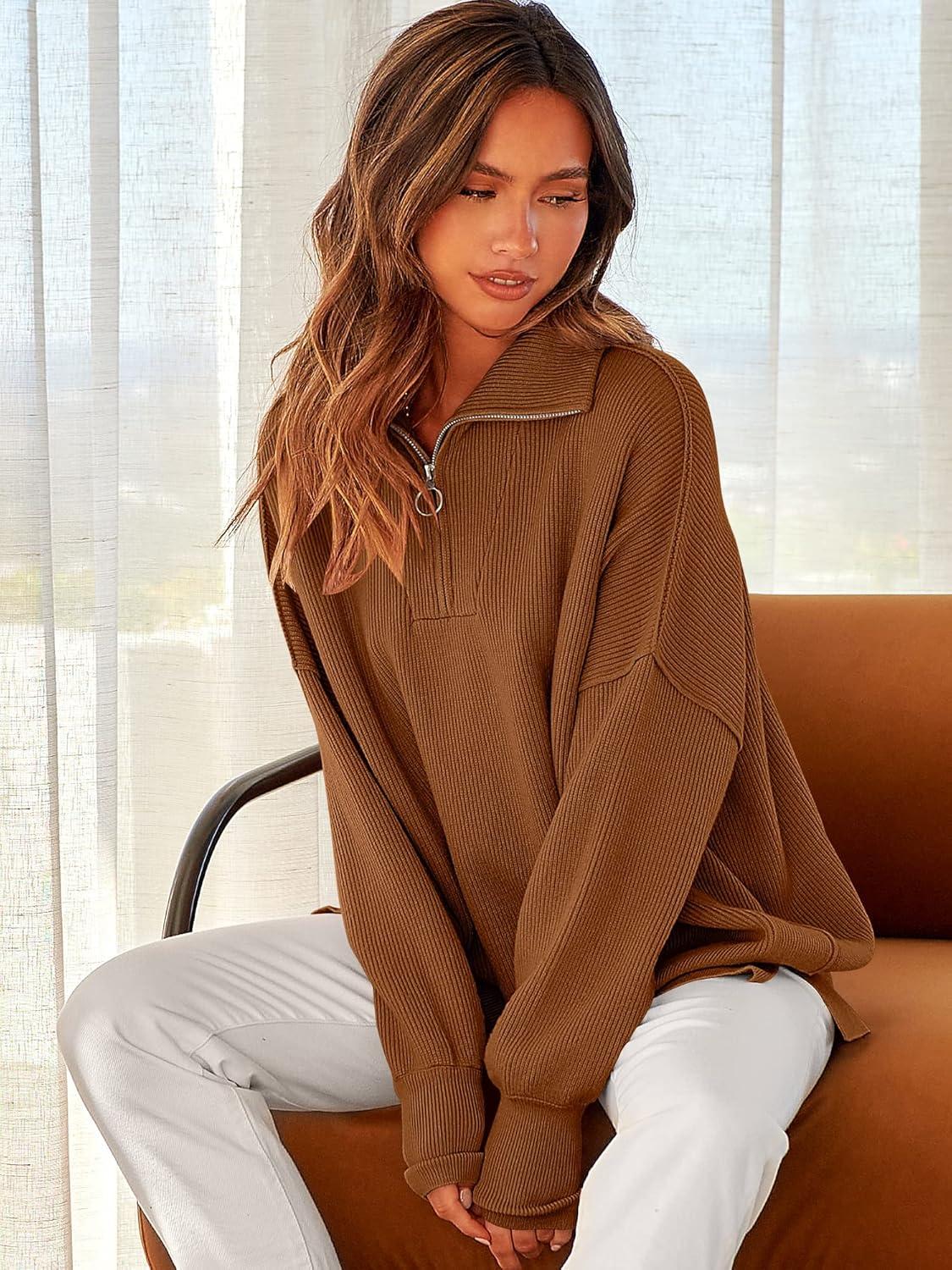 imageANRABESS Womens Oversized Fashion Long Sleeve Quarter Zip Baggy Loose Slouchy Sweater Pullover Tops 2025 Fall OutfitsCoffee