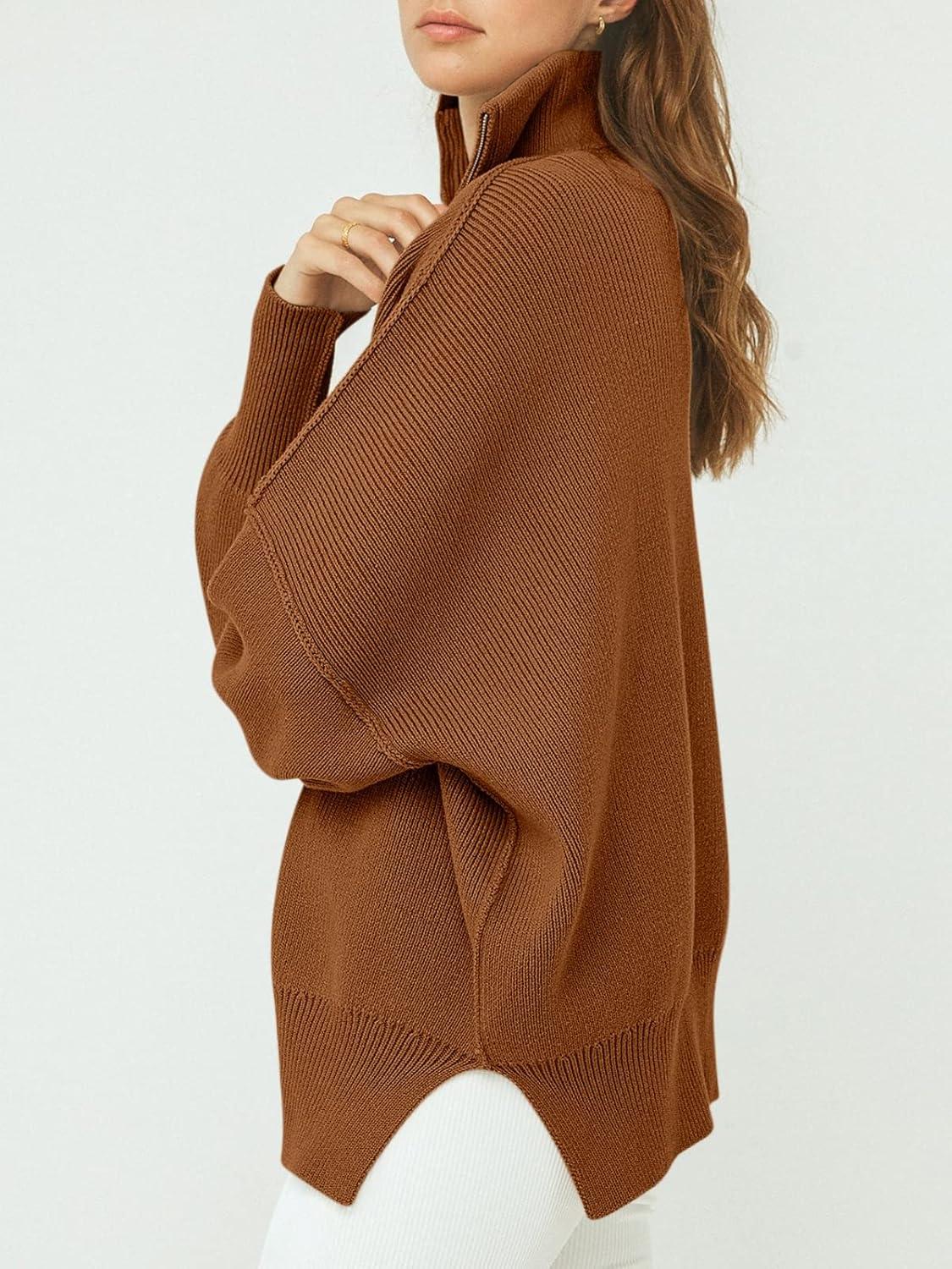 imageANRABESS Womens Oversized Fashion Long Sleeve Quarter Zip Baggy Loose Slouchy Sweater Pullover Tops 2025 Fall OutfitsCoffee