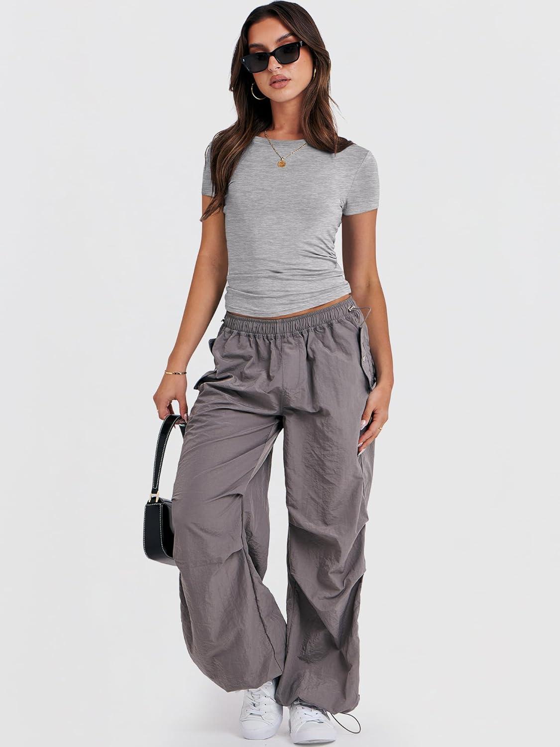 imageANRABESS Womens Short Sleeve Summer T Shirts Crew Neck Slim Fit Basic Tees 2026 Crop Tops Y2k Clothes OutfitsGrey