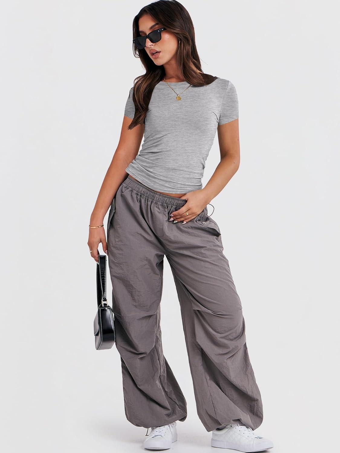 imageANRABESS Womens Short Sleeve Summer T Shirts Crew Neck Slim Fit Basic Tees 2026 Crop Tops Y2k Clothes OutfitsGrey