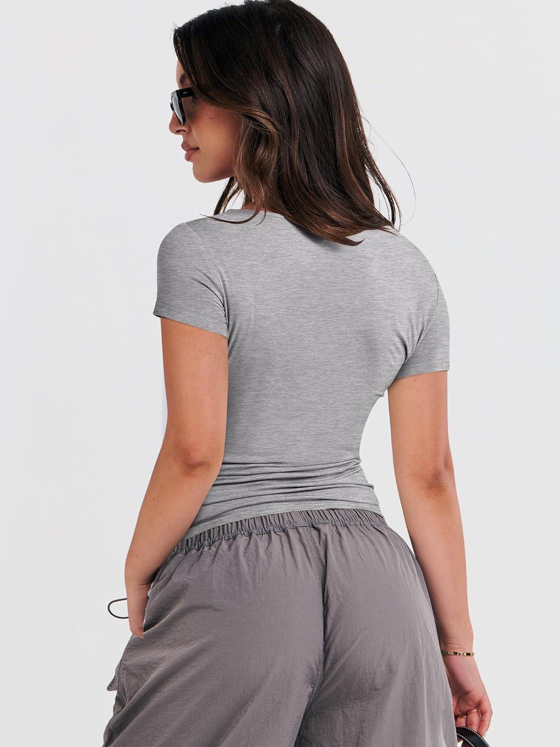 imageANRABESS Womens Short Sleeve Summer T Shirts Crew Neck Slim Fit Basic Tees 2026 Crop Tops Y2k Clothes OutfitsGrey