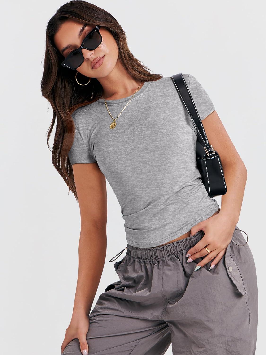 imageANRABESS Womens Short Sleeve Summer T Shirts Crew Neck Slim Fit Basic Tees 2026 Crop Tops Y2k Clothes OutfitsGrey