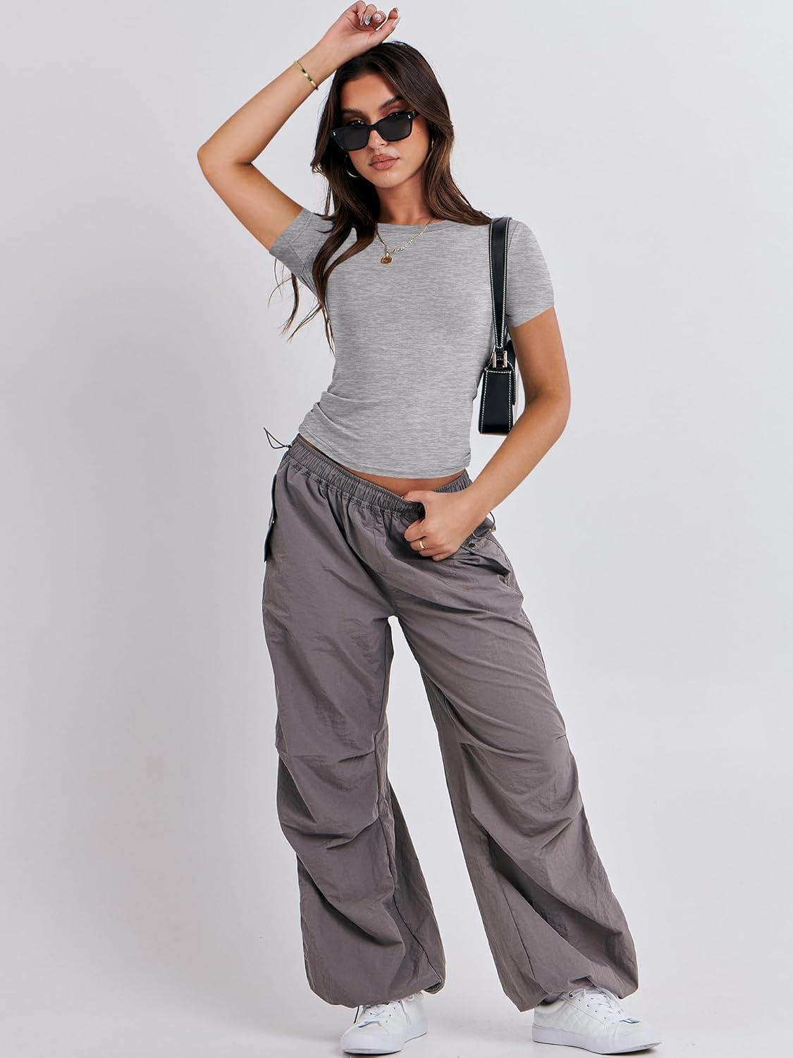 imageANRABESS Womens Short Sleeve Summer T Shirts Crew Neck Slim Fit Basic Tees 2026 Crop Tops Y2k Clothes OutfitsGrey