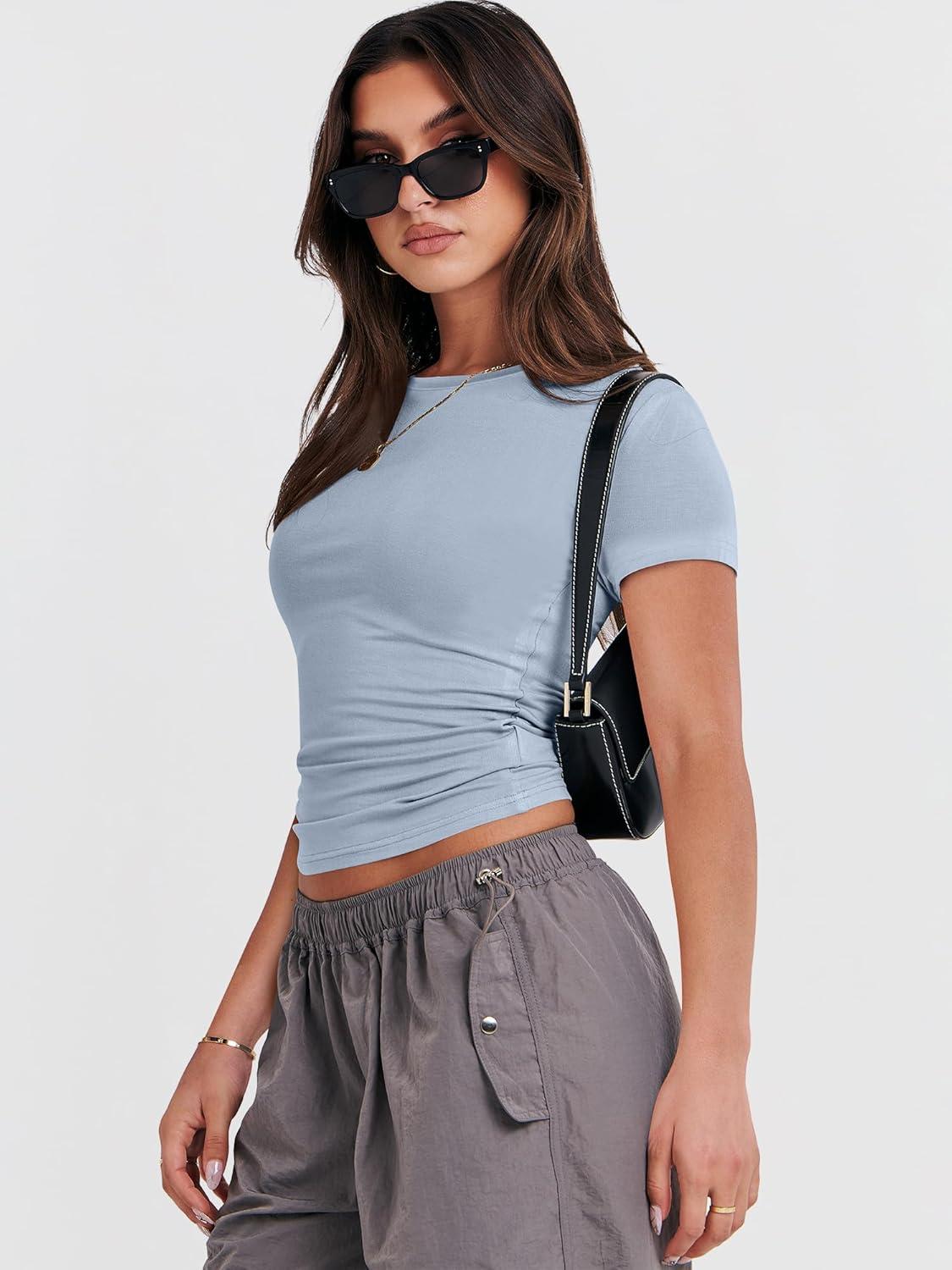 imageANRABESS Womens Short Sleeve Summer T Shirts Crew Neck Slim Fit Basic Tees 2026 Crop Tops Y2k Clothes OutfitsHaze Blue