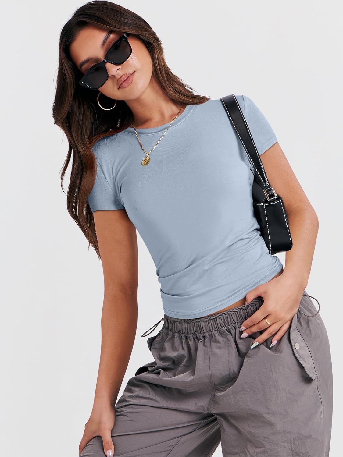 imageANRABESS Womens Short Sleeve Summer T Shirts Crew Neck Slim Fit Basic Tees 2026 Crop Tops Y2k Clothes OutfitsHaze Blue