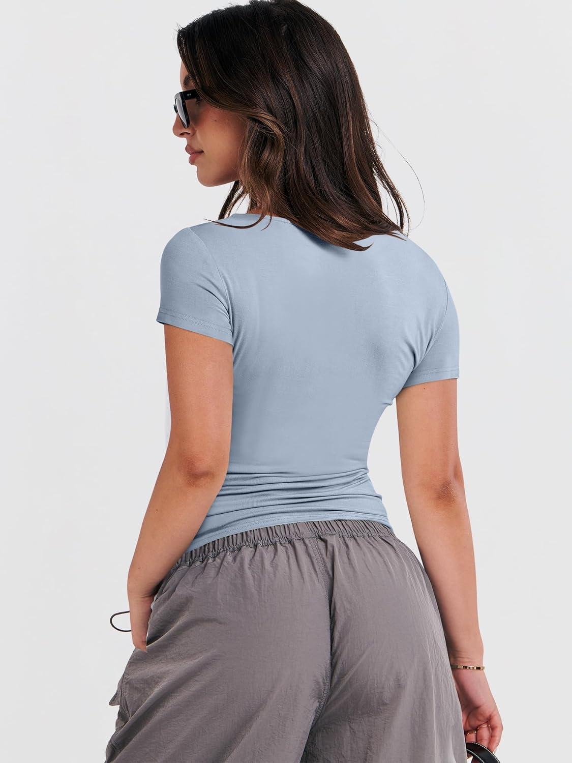 imageANRABESS Womens Short Sleeve Summer T Shirts Crew Neck Slim Fit Basic Tees 2026 Crop Tops Y2k Clothes OutfitsHaze Blue