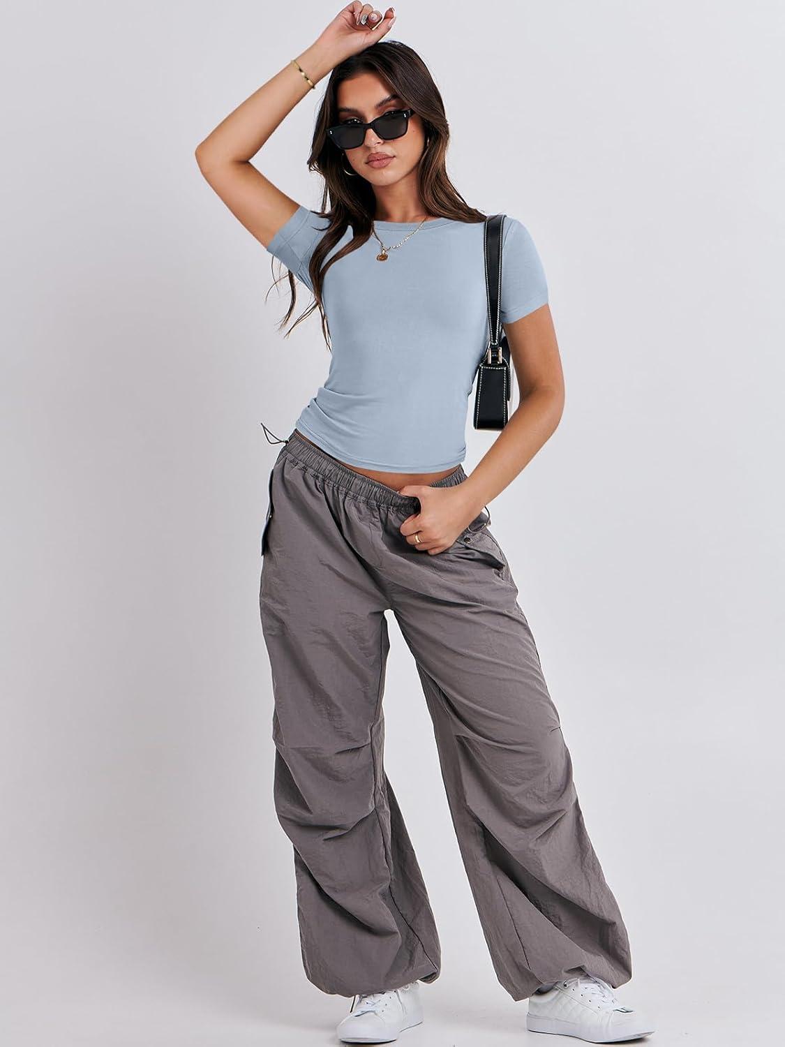 imageANRABESS Womens Short Sleeve Summer T Shirts Crew Neck Slim Fit Basic Tees 2026 Crop Tops Y2k Clothes OutfitsHaze Blue