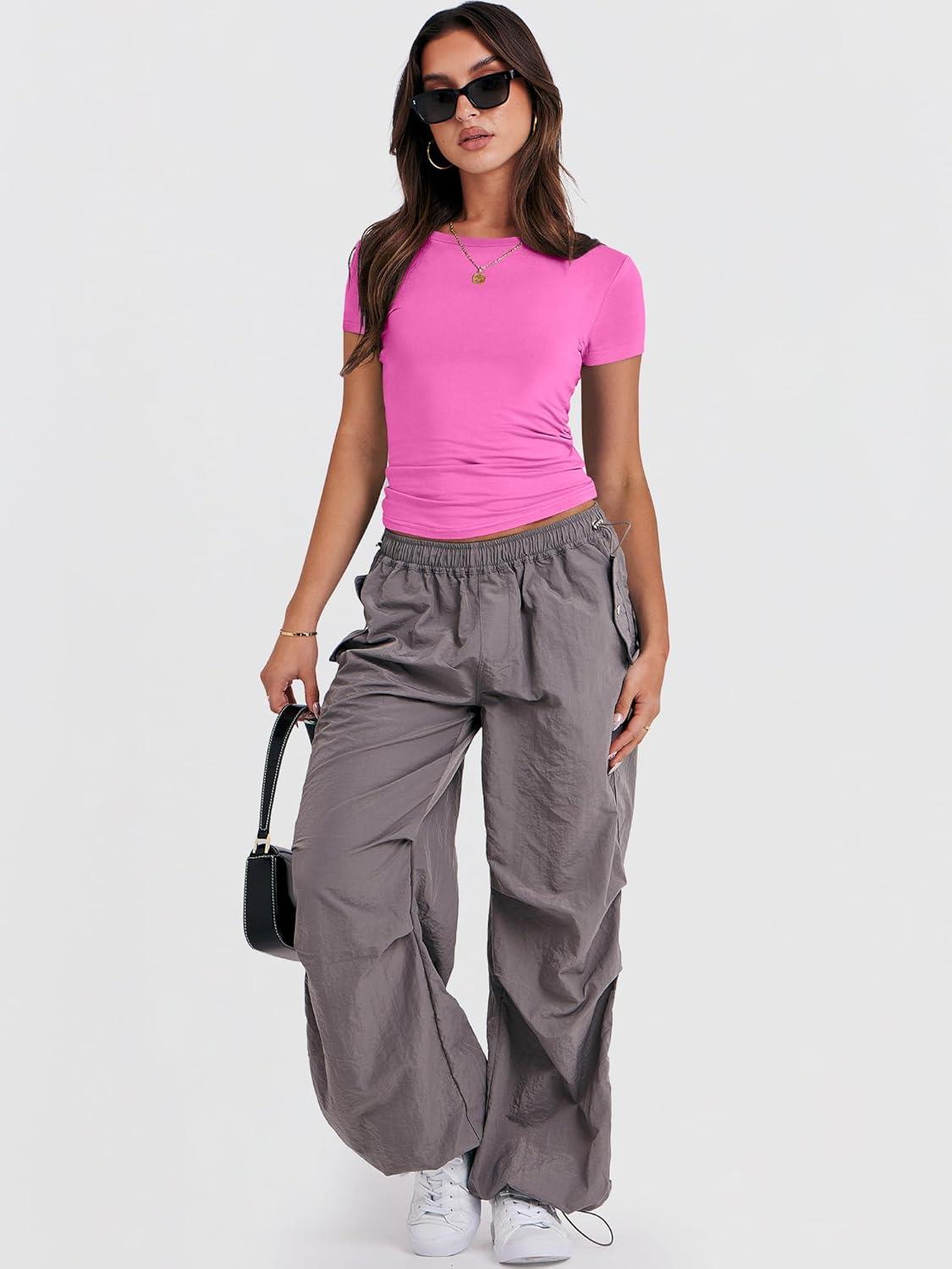 imageANRABESS Womens Short Sleeve Summer T Shirts Crew Neck Slim Fit Basic Tees 2026 Crop Tops Y2k Clothes OutfitsHot Pink