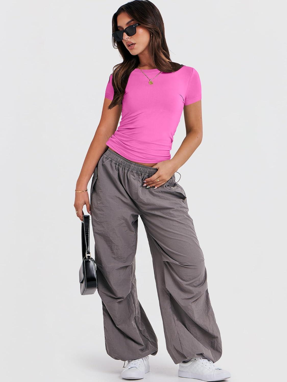 imageANRABESS Womens Short Sleeve Summer T Shirts Crew Neck Slim Fit Basic Tees 2026 Crop Tops Y2k Clothes OutfitsHot Pink