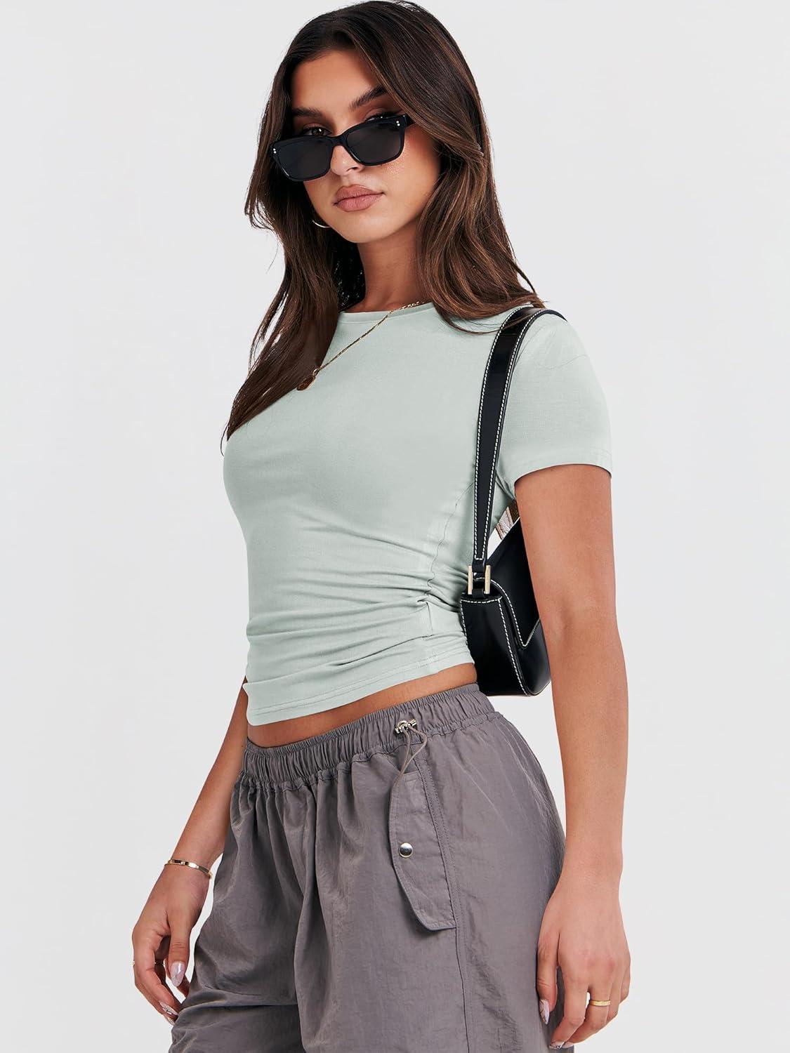 imageANRABESS Womens Short Sleeve Summer T Shirts Crew Neck Slim Fit Basic Tees 2026 Crop Tops Y2k Clothes OutfitsLight Green