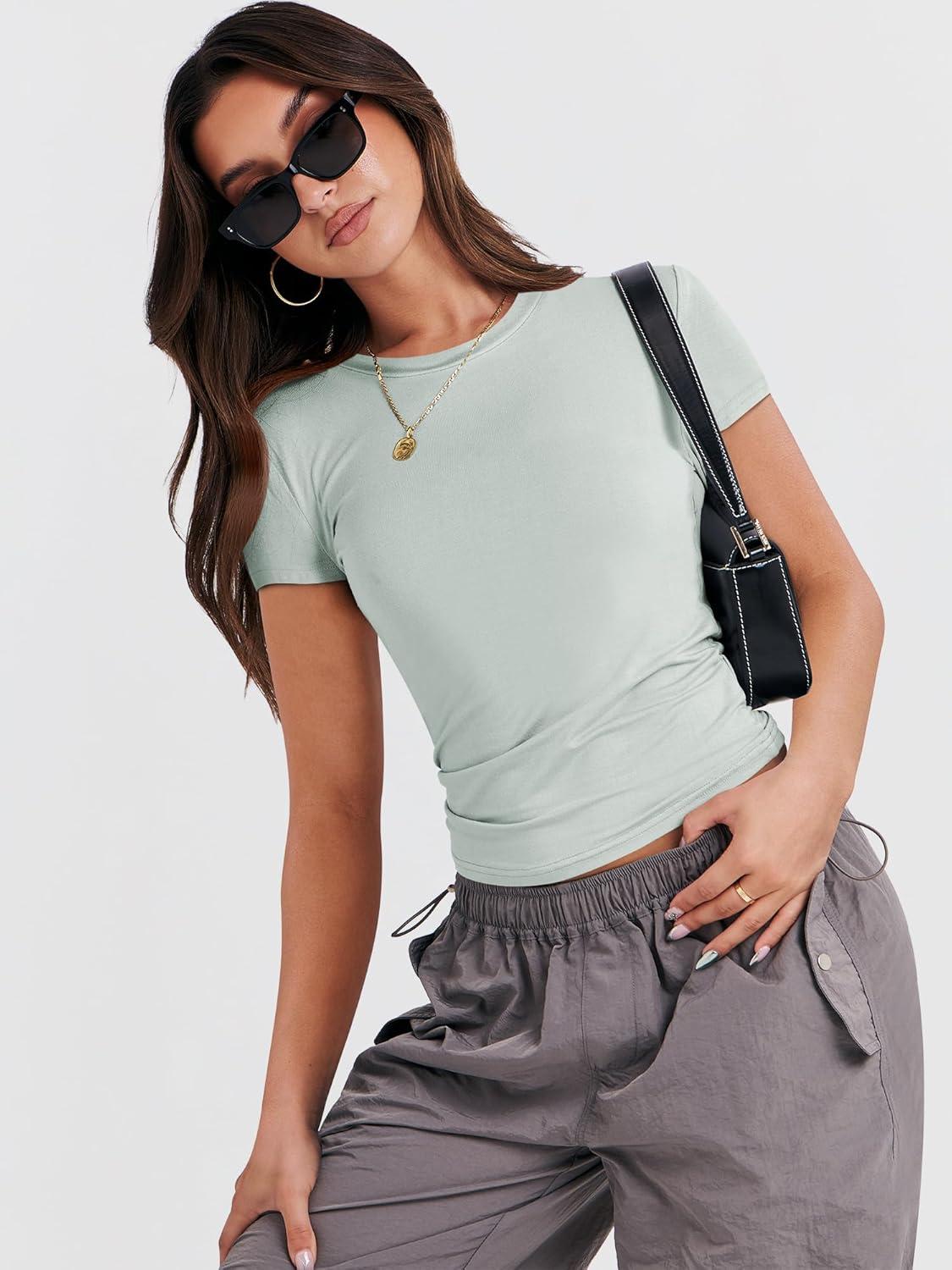 imageANRABESS Womens Short Sleeve Summer T Shirts Crew Neck Slim Fit Basic Tees 2026 Crop Tops Y2k Clothes OutfitsLight Green
