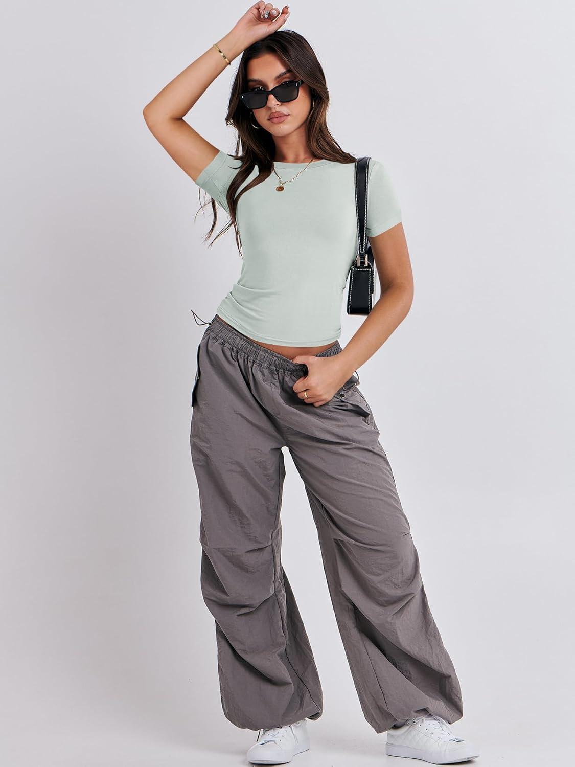 imageANRABESS Womens Short Sleeve Summer T Shirts Crew Neck Slim Fit Basic Tees 2026 Crop Tops Y2k Clothes OutfitsLight Green