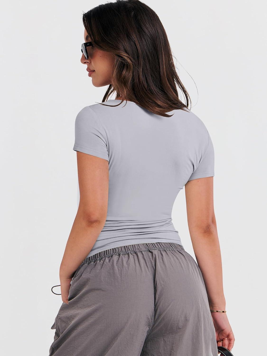 imageANRABESS Womens Short Sleeve Summer T Shirts Crew Neck Slim Fit Basic Tees 2026 Crop Tops Y2k Clothes OutfitsLight Grey