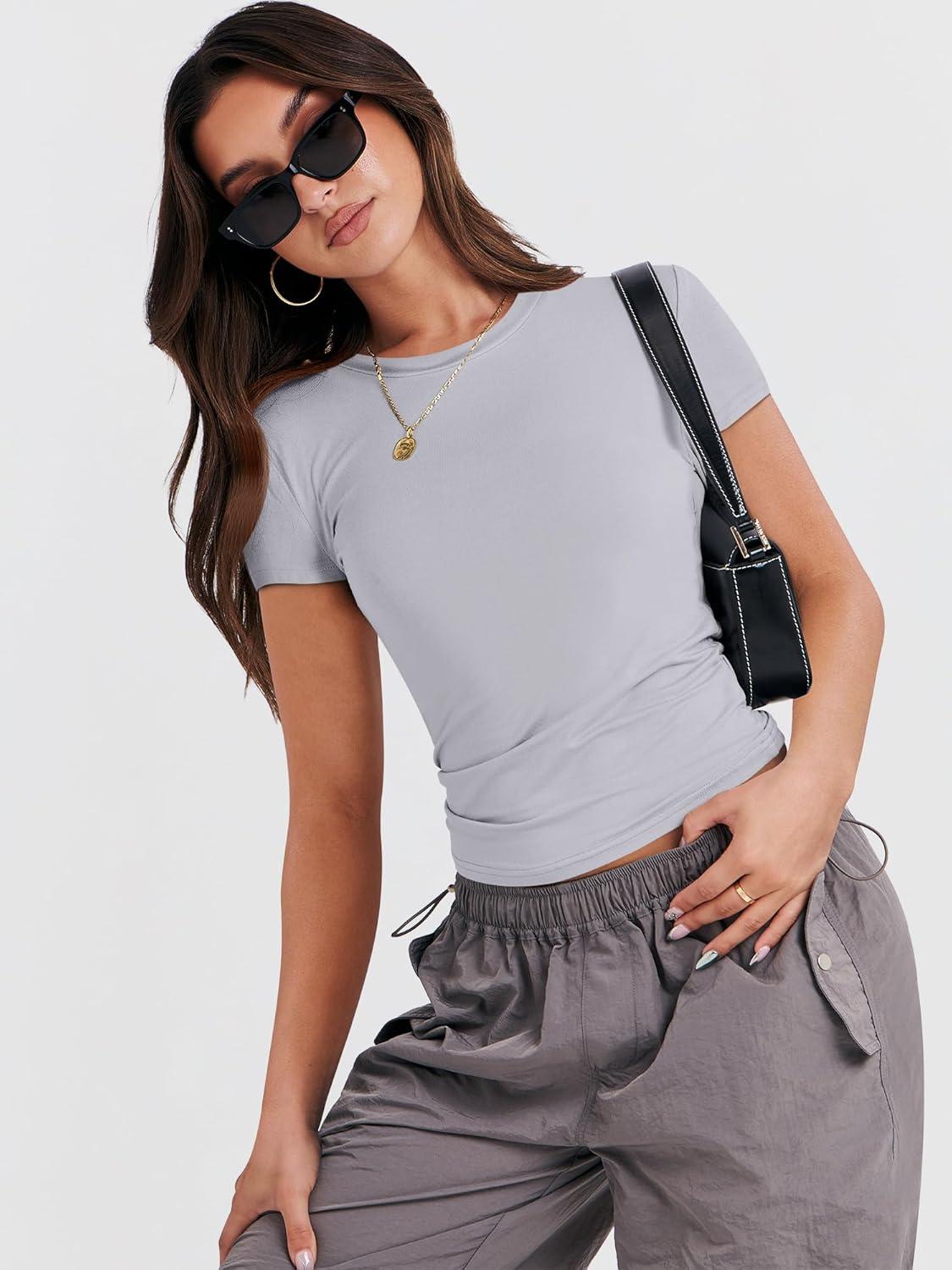 imageANRABESS Womens Short Sleeve Summer T Shirts Crew Neck Slim Fit Basic Tees 2026 Crop Tops Y2k Clothes OutfitsLight Grey