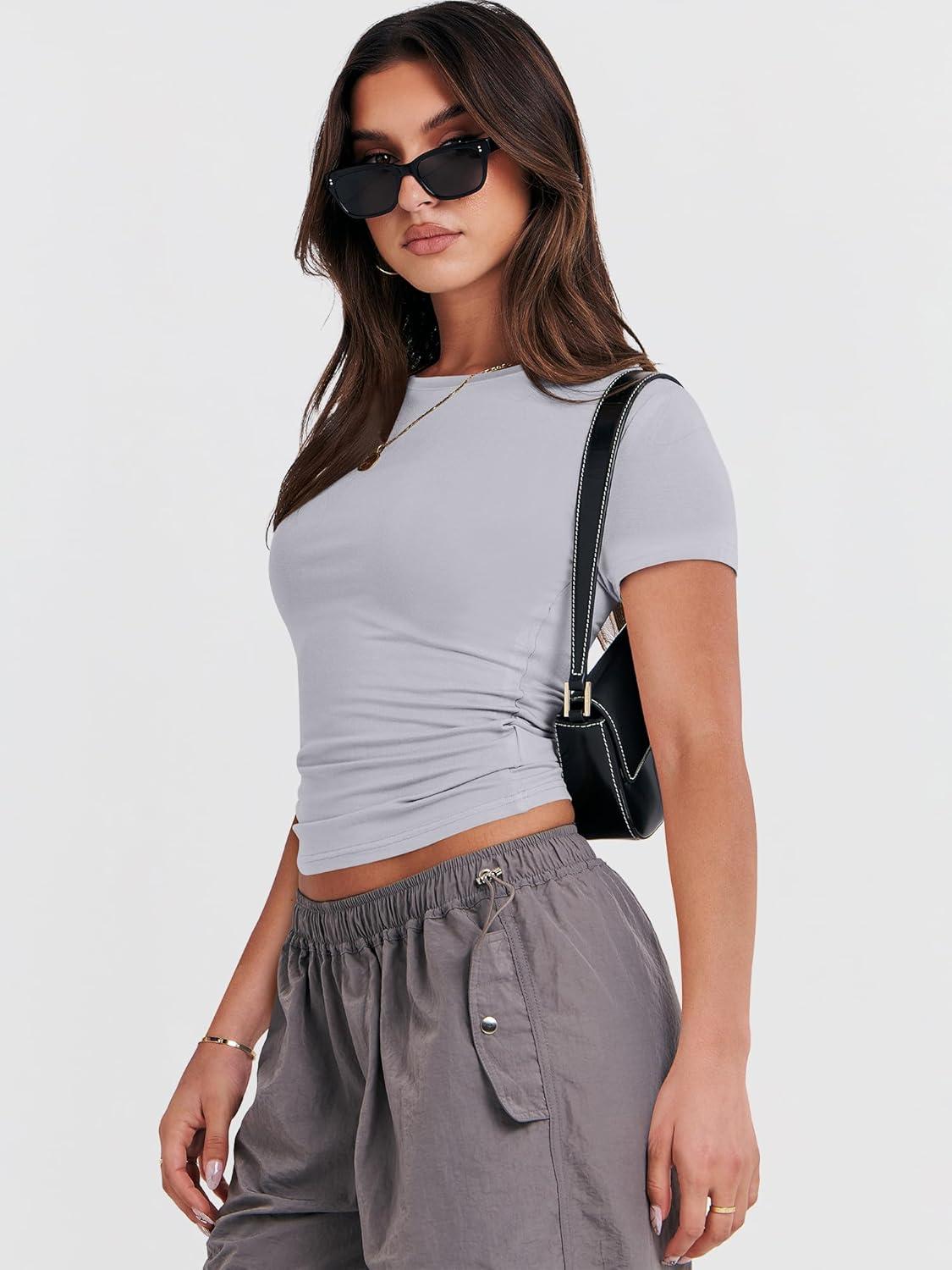 imageANRABESS Womens Short Sleeve Summer T Shirts Crew Neck Slim Fit Basic Tees 2026 Crop Tops Y2k Clothes OutfitsLight Grey