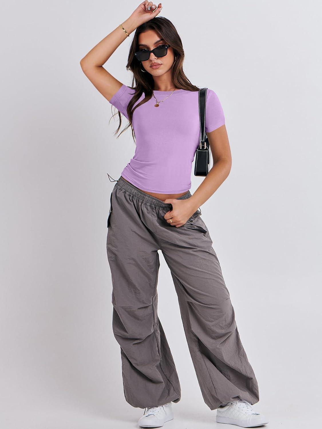 imageANRABESS Womens Short Sleeve Summer T Shirts Crew Neck Slim Fit Basic Tees 2026 Crop Tops Y2k Clothes OutfitsPurple