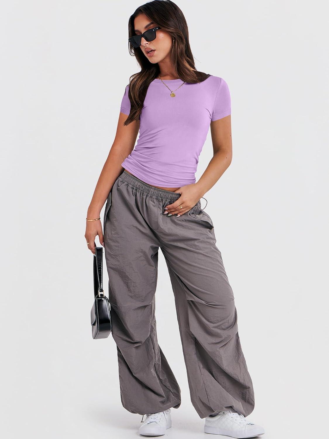 imageANRABESS Womens Short Sleeve Summer T Shirts Crew Neck Slim Fit Basic Tees 2026 Crop Tops Y2k Clothes OutfitsPurple