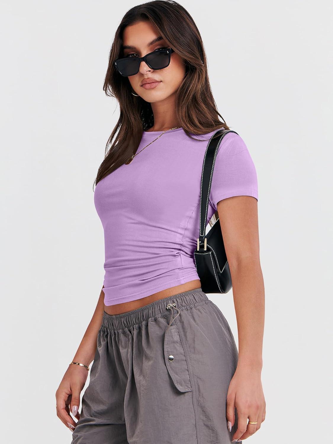 imageANRABESS Womens Short Sleeve Summer T Shirts Crew Neck Slim Fit Basic Tees 2026 Crop Tops Y2k Clothes OutfitsPurple