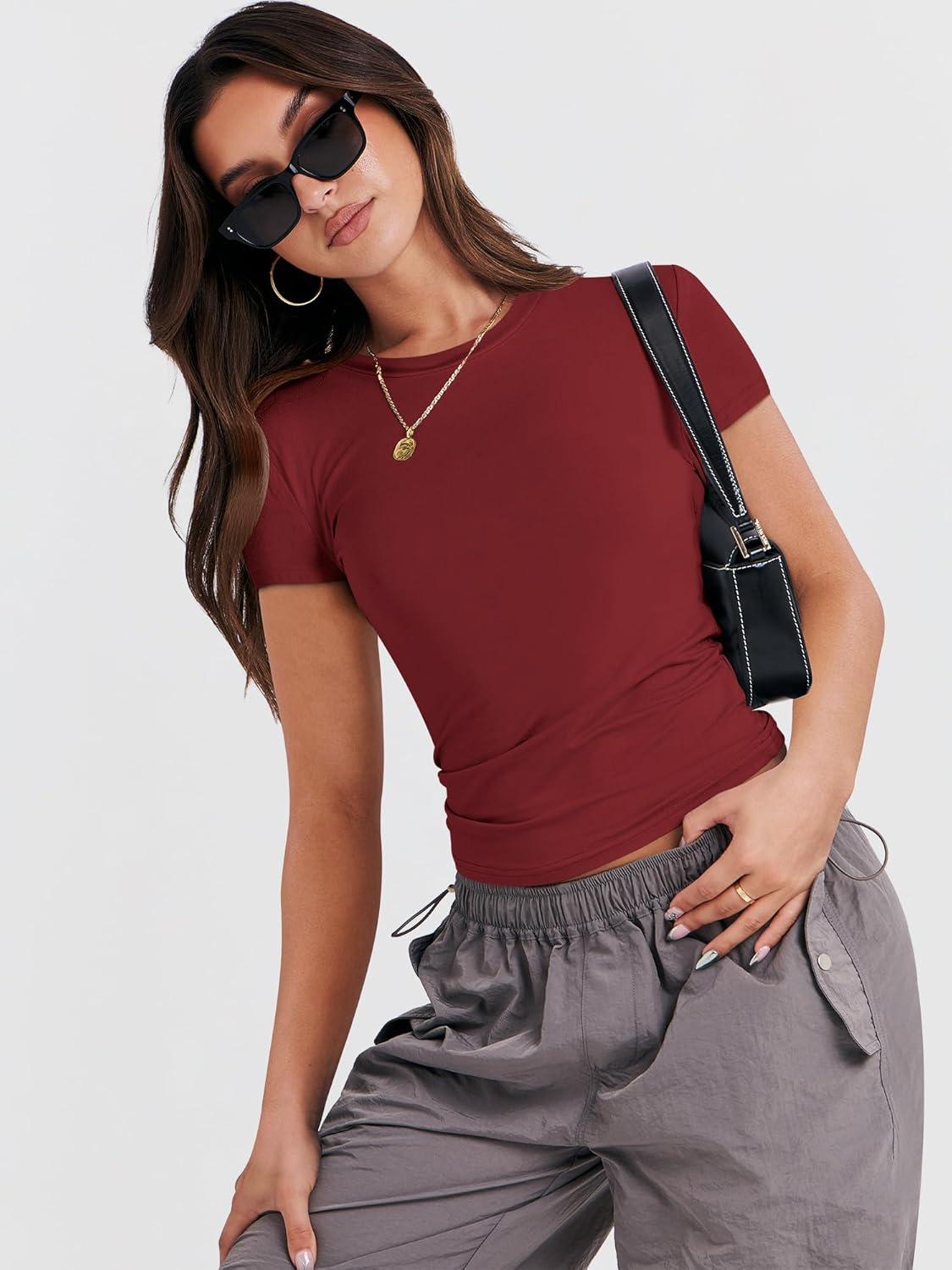 imageANRABESS Womens Short Sleeve Summer T Shirts Crew Neck Slim Fit Basic Tees 2026 Crop Tops Y2k Clothes OutfitsRed