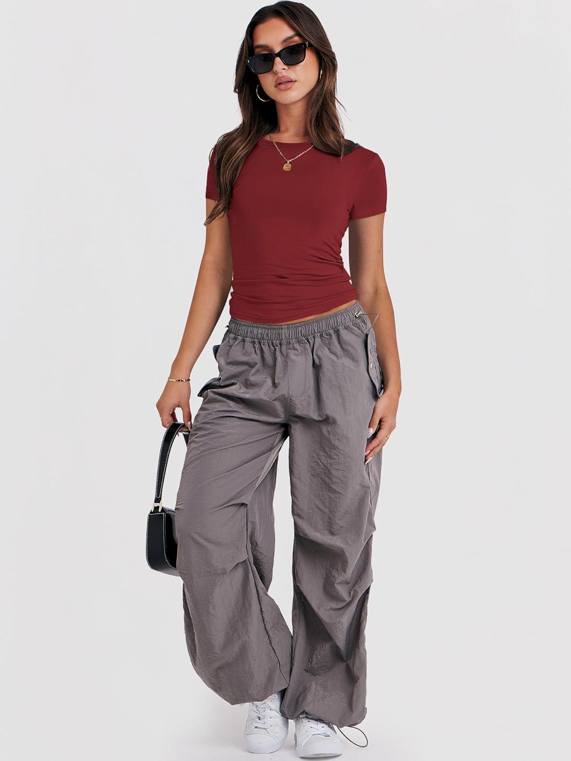 imageANRABESS Womens Short Sleeve Summer T Shirts Crew Neck Slim Fit Basic Tees 2026 Crop Tops Y2k Clothes OutfitsRed