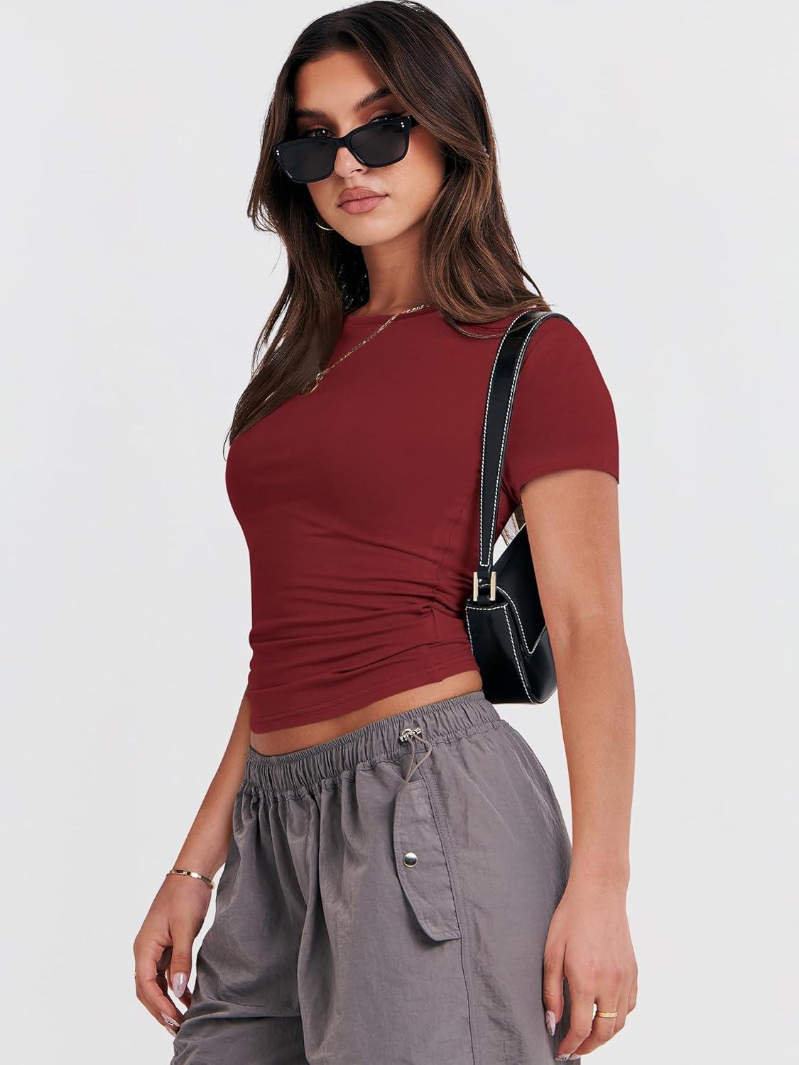 imageANRABESS Womens Short Sleeve Summer T Shirts Crew Neck Slim Fit Basic Tees 2026 Crop Tops Y2k Clothes OutfitsRed