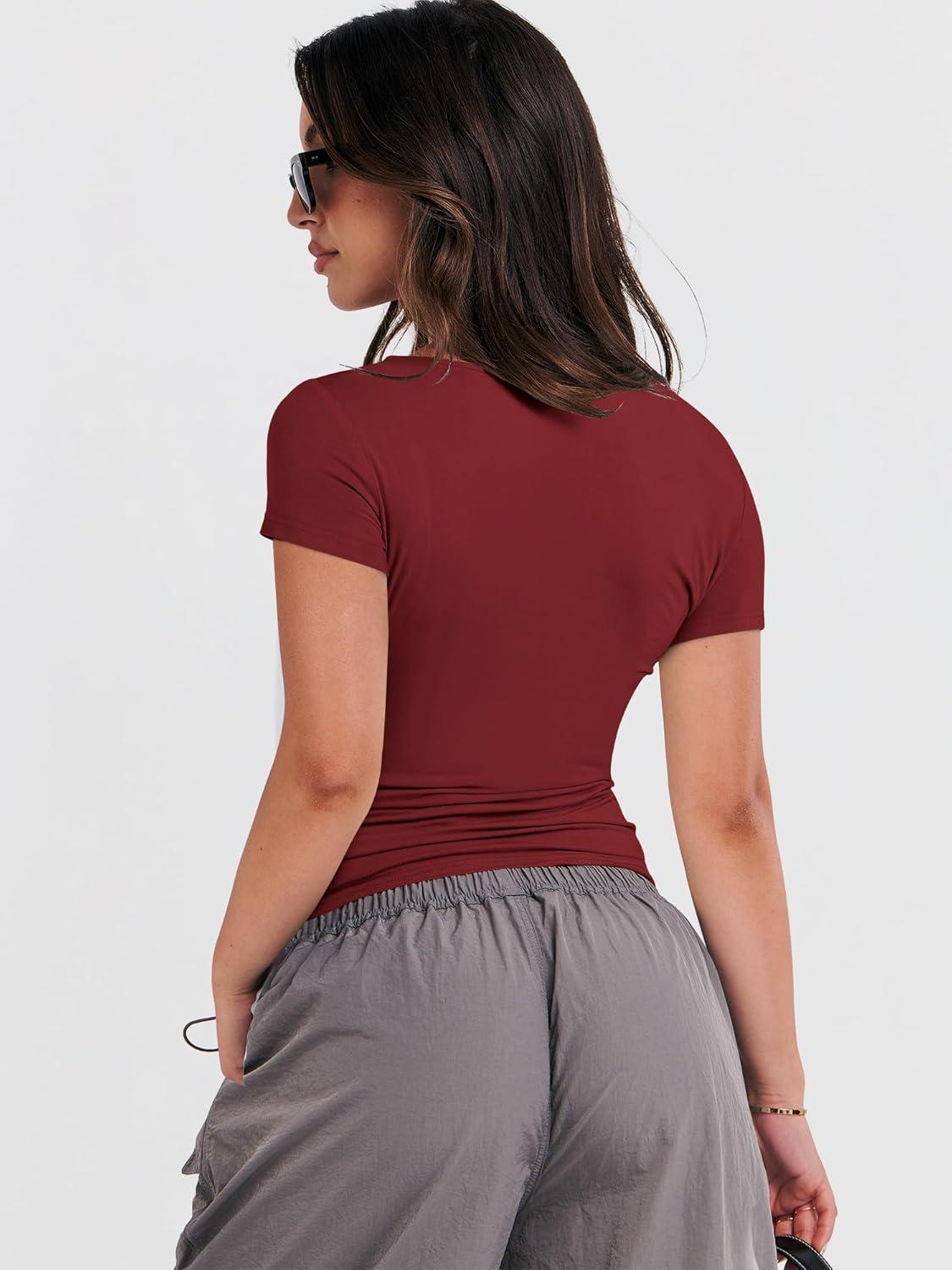 imageANRABESS Womens Short Sleeve Summer T Shirts Crew Neck Slim Fit Basic Tees 2026 Crop Tops Y2k Clothes OutfitsRed