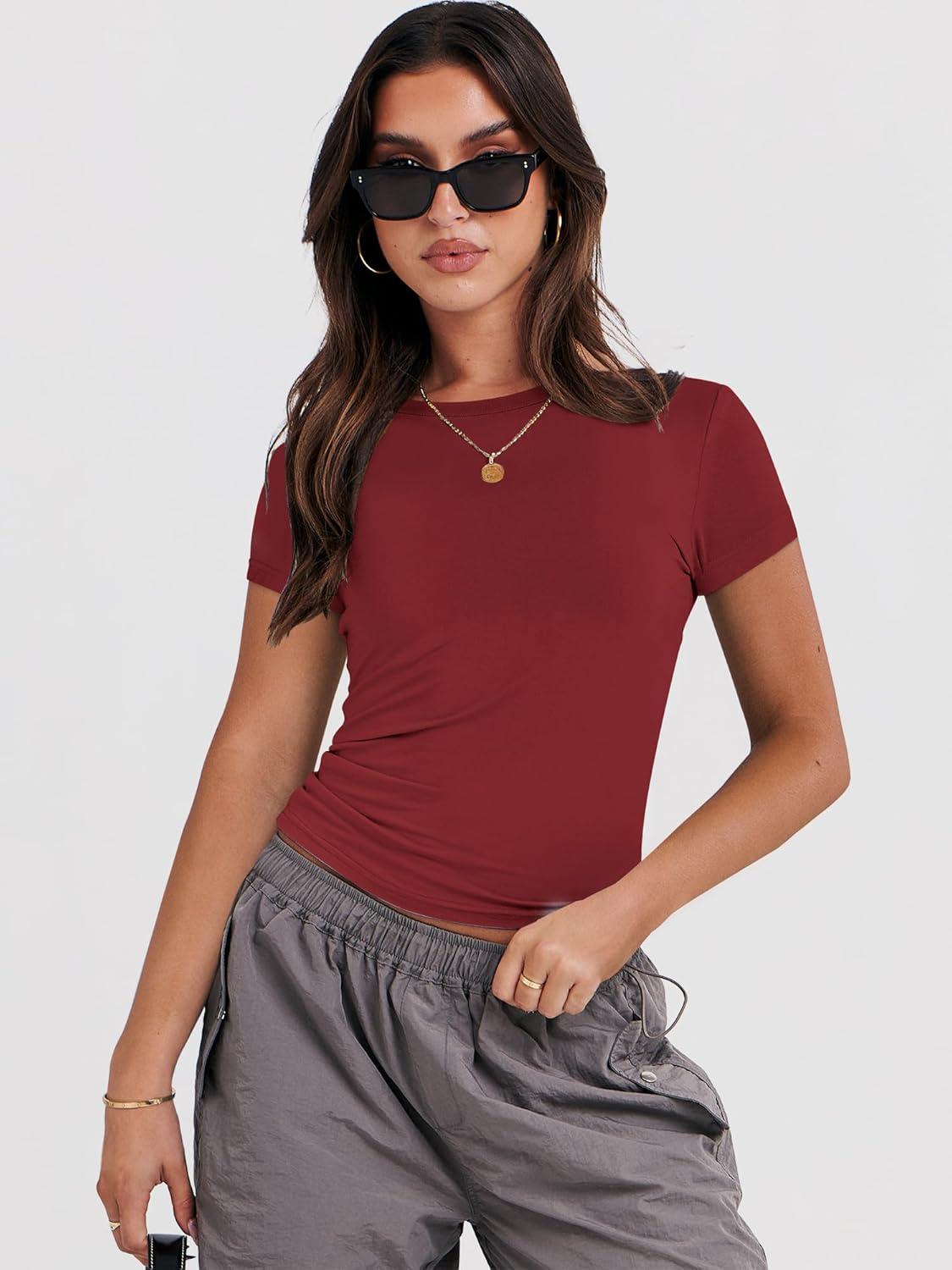 imageANRABESS Womens Short Sleeve Summer T Shirts Crew Neck Slim Fit Basic Tees 2026 Crop Tops Y2k Clothes OutfitsRed