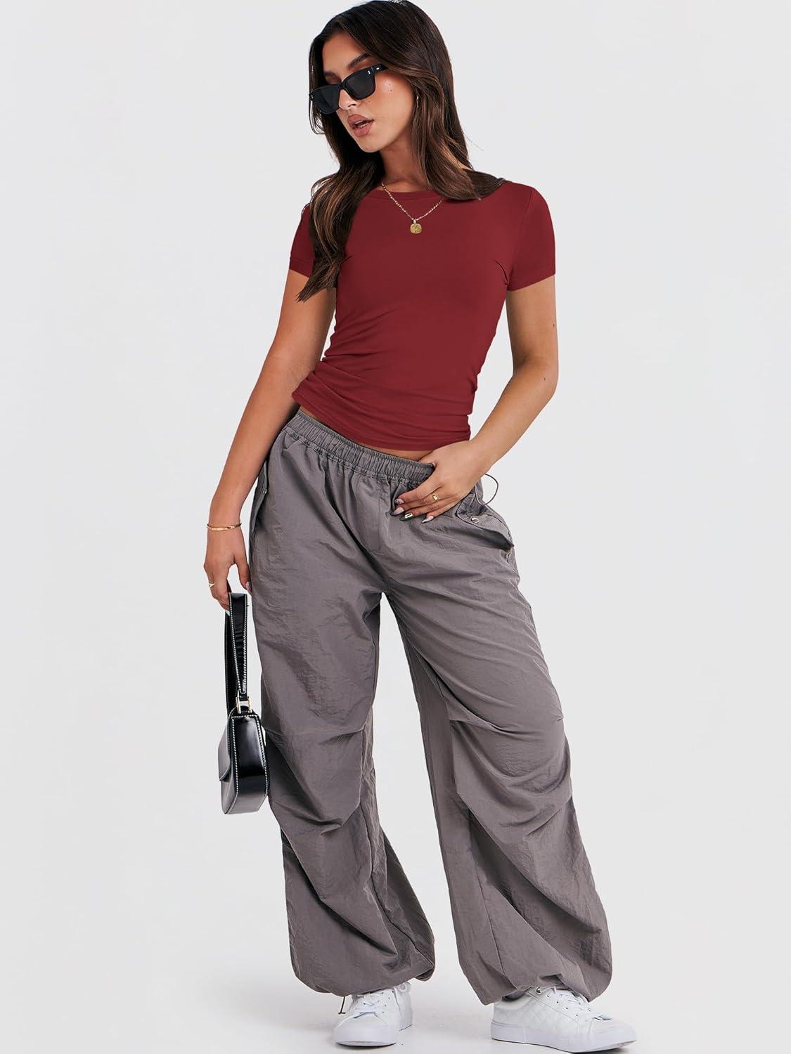 imageANRABESS Womens Short Sleeve Summer T Shirts Crew Neck Slim Fit Basic Tees 2026 Crop Tops Y2k Clothes OutfitsRed