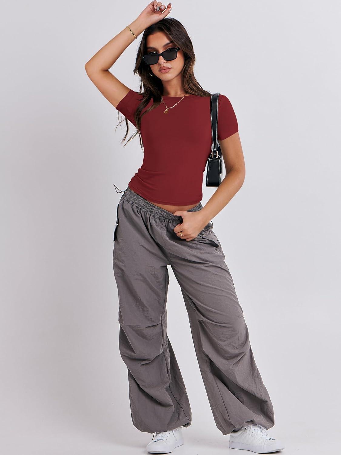 imageANRABESS Womens Short Sleeve Summer T Shirts Crew Neck Slim Fit Basic Tees 2026 Crop Tops Y2k Clothes OutfitsRed