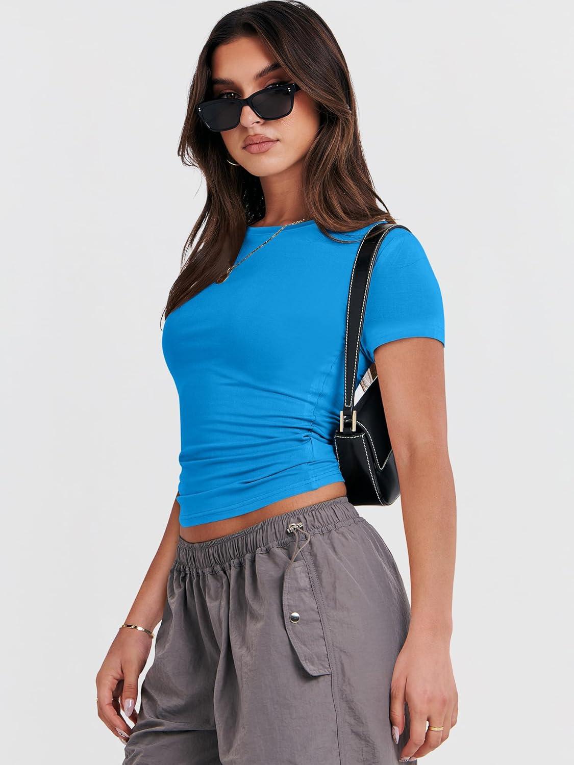 imageANRABESS Womens Short Sleeve Summer T Shirts Crew Neck Slim Fit Basic Tees 2026 Crop Tops Y2k Clothes OutfitsRoyal Blue