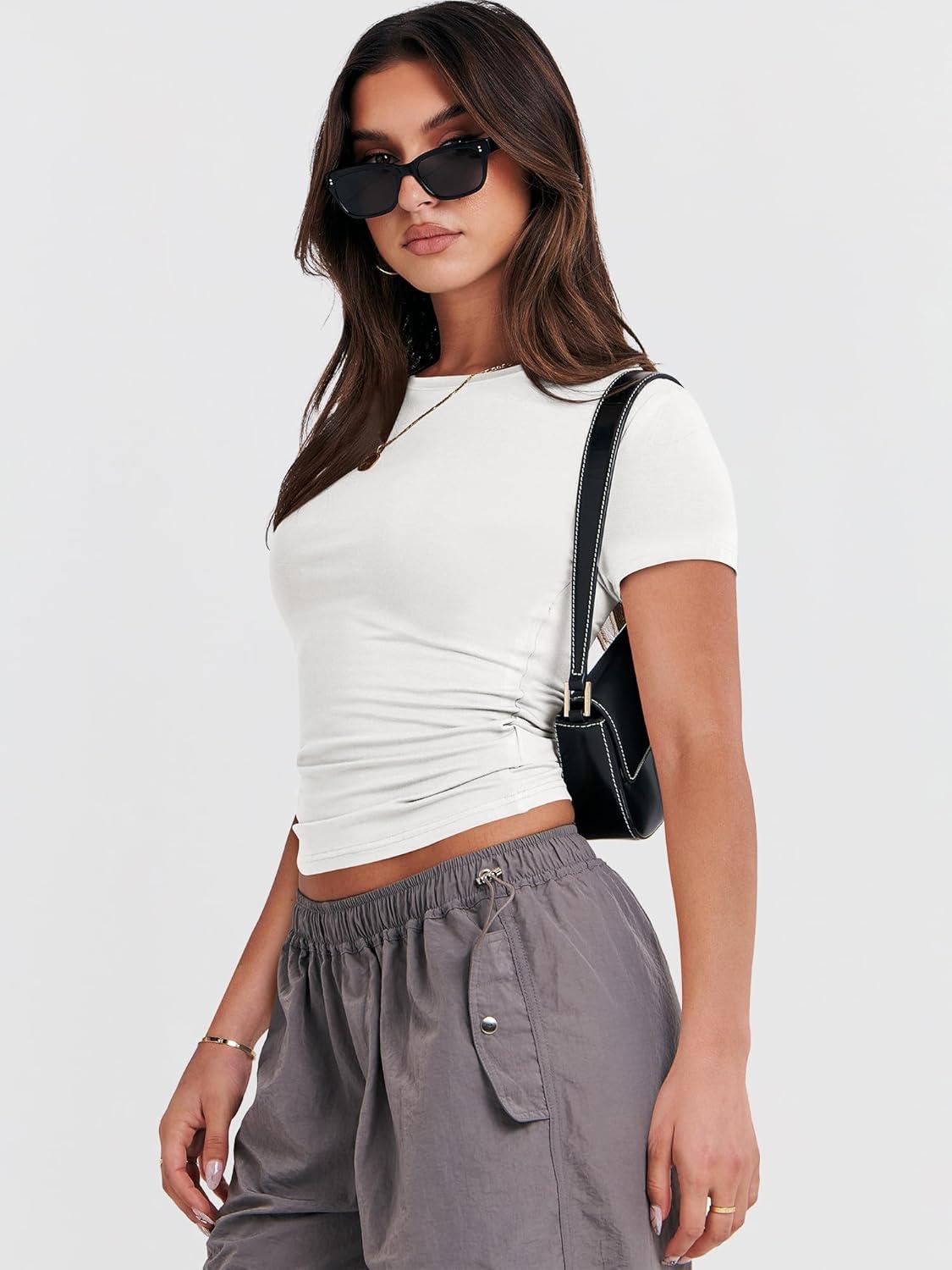 imageANRABESS Womens Short Sleeve Summer T Shirts Crew Neck Slim Fit Basic Tees 2026 Crop Tops Y2k Clothes OutfitsWhite