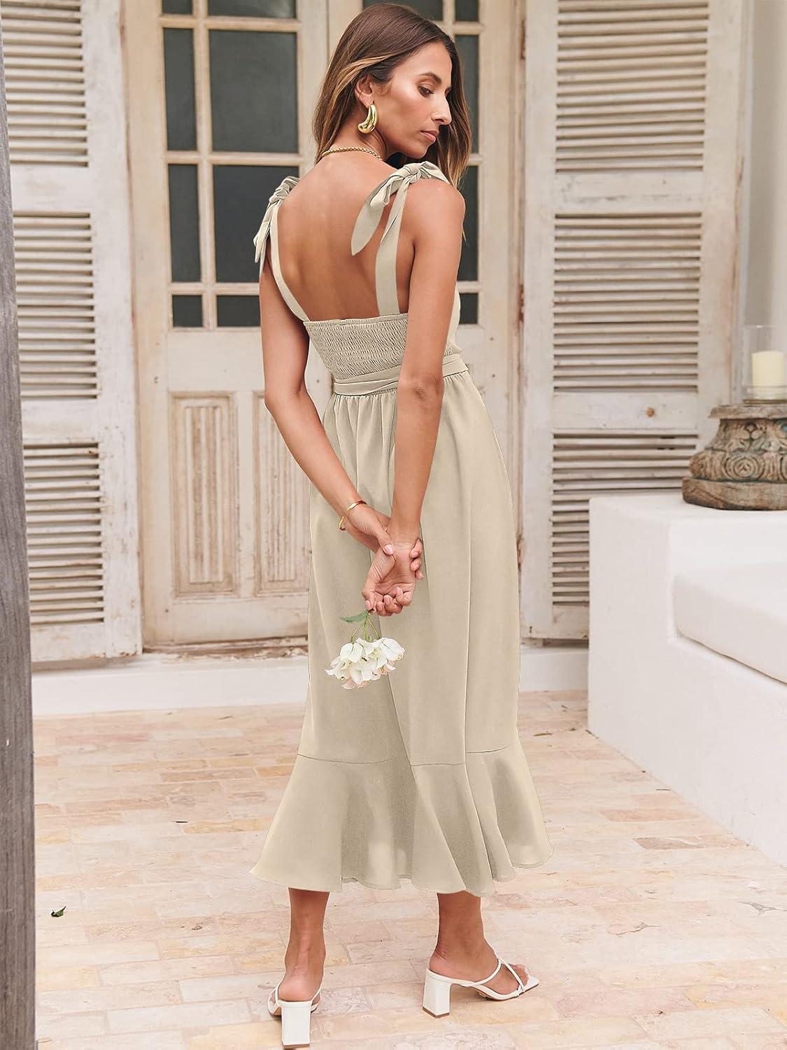 imageANRABESS Womens Square Neck Ruffle Split Midi Elegant Formal Wedding Guest Cocktail Bridesmaid Graduation Party DressesApricot