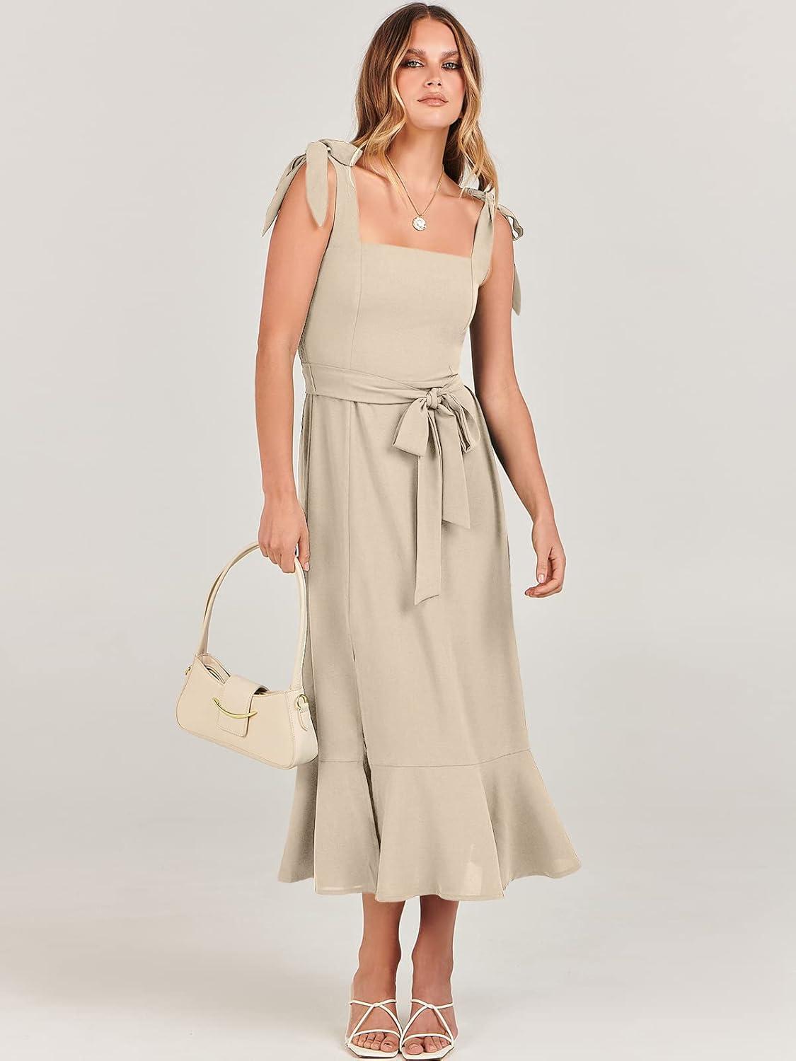 imageANRABESS Womens Square Neck Ruffle Split Midi Elegant Formal Wedding Guest Cocktail Bridesmaid Graduation Party DressesApricot