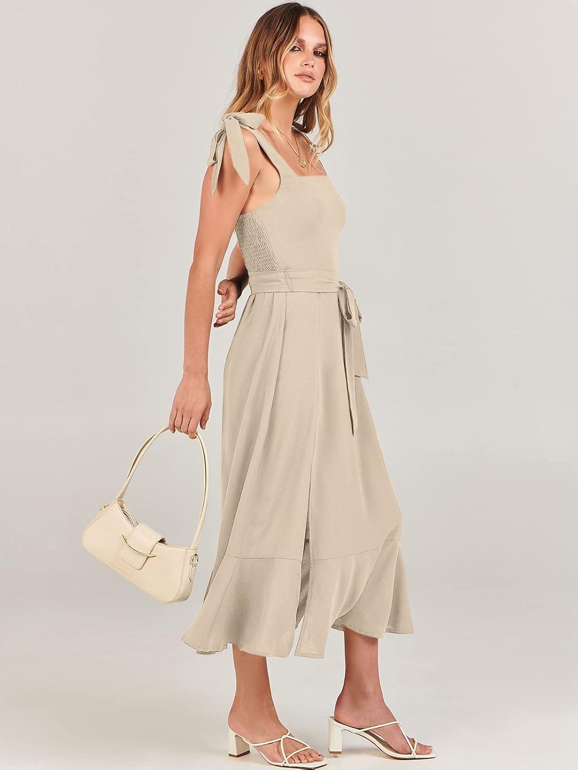 imageANRABESS Womens Square Neck Ruffle Split Midi Elegant Formal Wedding Guest Cocktail Bridesmaid Graduation Party DressesApricot