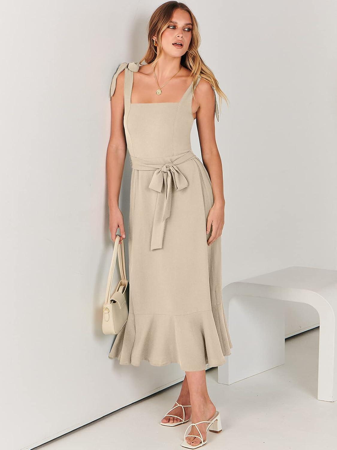 imageANRABESS Womens Square Neck Ruffle Split Midi Elegant Formal Wedding Guest Cocktail Bridesmaid Graduation Party DressesApricot