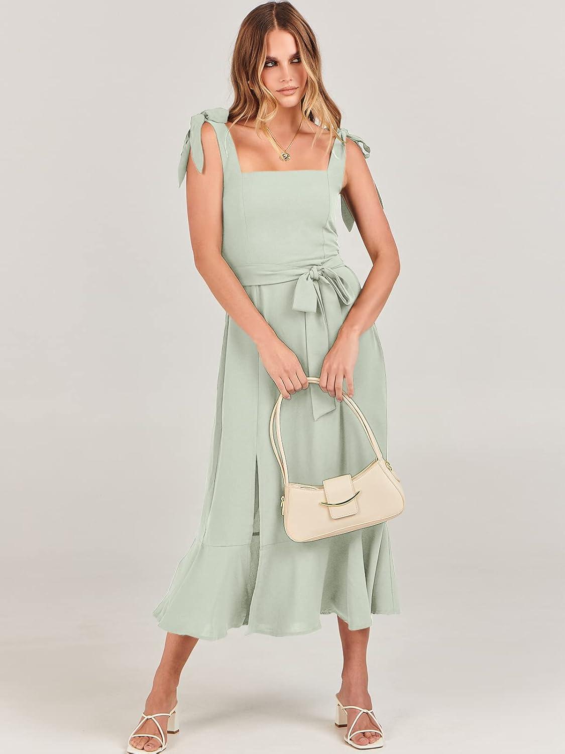 imageANRABESS Womens Square Neck Ruffle Split Midi Elegant Formal Wedding Guest Cocktail Bridesmaid Graduation Party DressesCyan