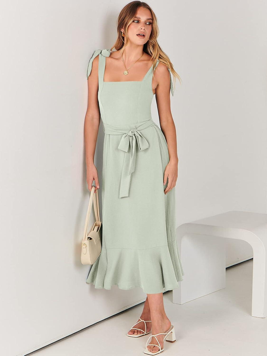 imageANRABESS Womens Square Neck Ruffle Split Midi Elegant Formal Wedding Guest Cocktail Bridesmaid Graduation Party DressesCyan