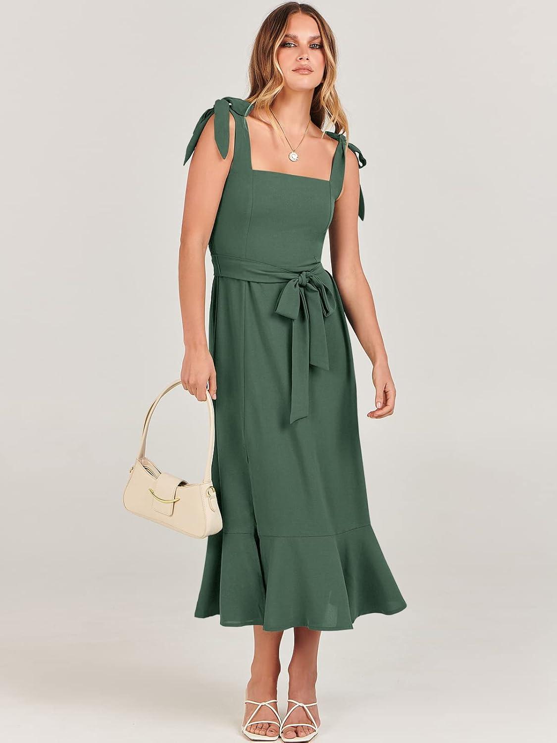 imageANRABESS Womens Square Neck Ruffle Split Midi Elegant Formal Wedding Guest Cocktail Bridesmaid Graduation Party DressesGreen