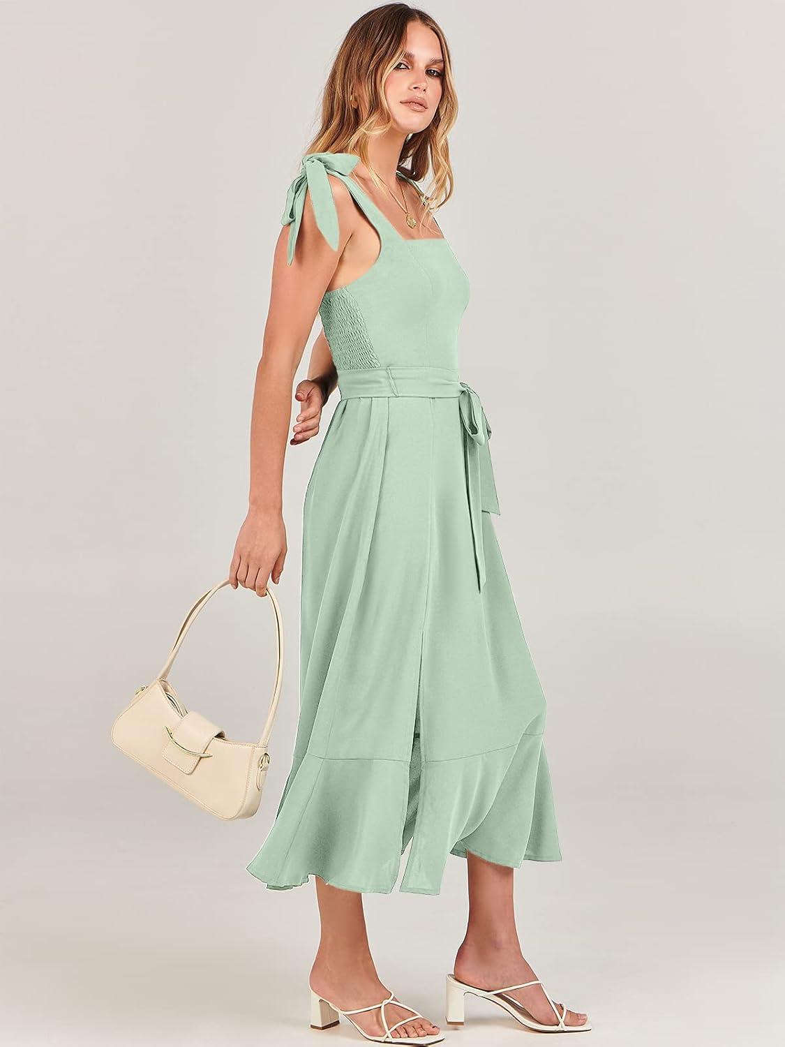 imageANRABESS Womens Square Neck Ruffle Split Midi Elegant Formal Wedding Guest Cocktail Bridesmaid Graduation Party DressesLight Green