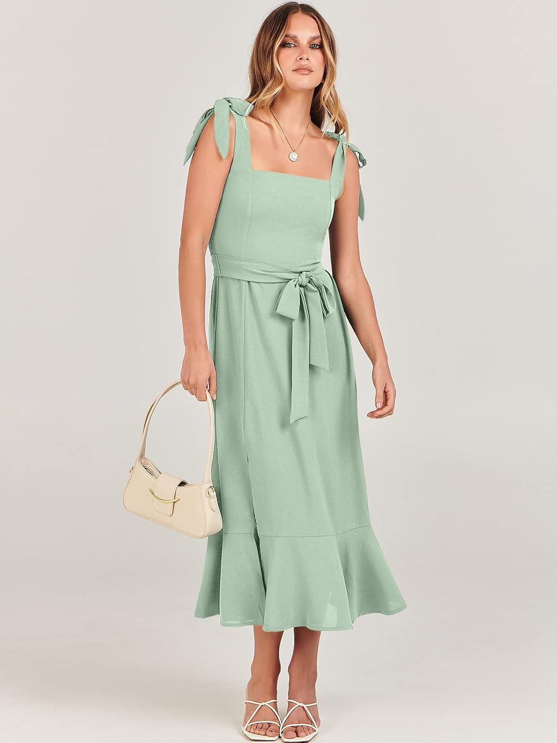 imageANRABESS Womens Square Neck Ruffle Split Midi Elegant Formal Wedding Guest Cocktail Bridesmaid Graduation Party DressesLight Green