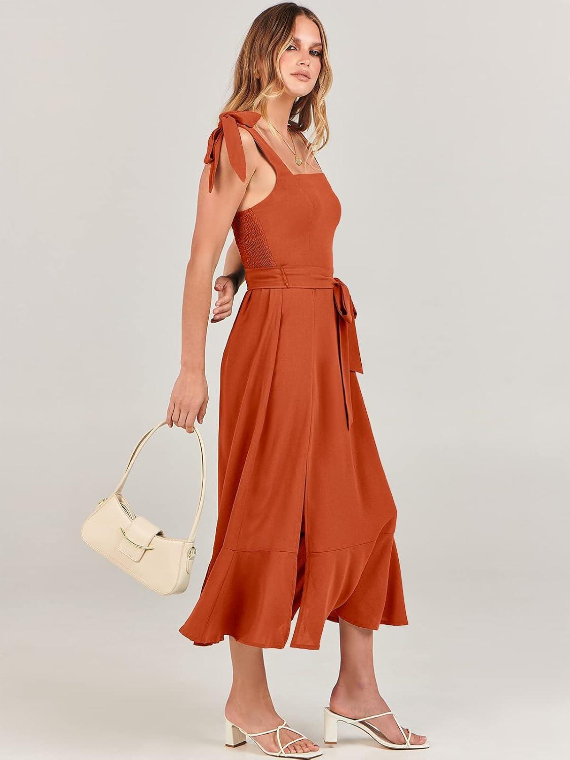 imageANRABESS Womens Square Neck Ruffle Split Midi Elegant Formal Wedding Guest Cocktail Bridesmaid Graduation Party DressesOrange