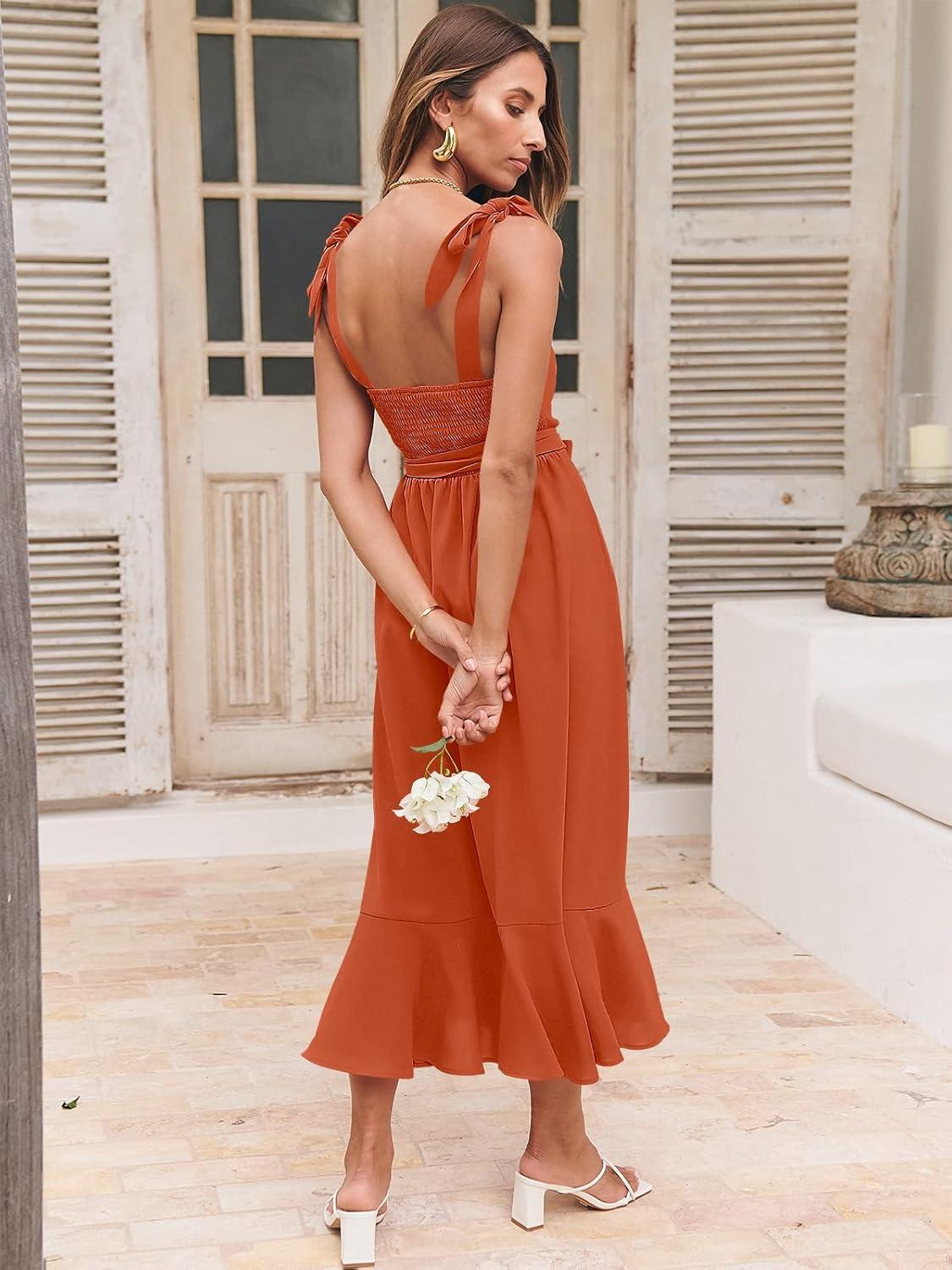 imageANRABESS Womens Square Neck Ruffle Split Midi Elegant Formal Wedding Guest Cocktail Bridesmaid Graduation Party DressesOrange