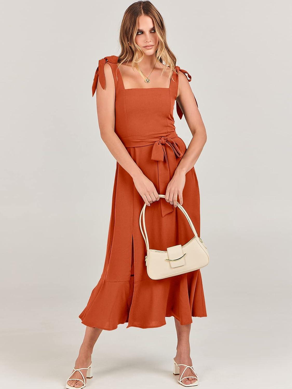 imageANRABESS Womens Square Neck Ruffle Split Midi Elegant Formal Wedding Guest Cocktail Bridesmaid Graduation Party DressesOrange